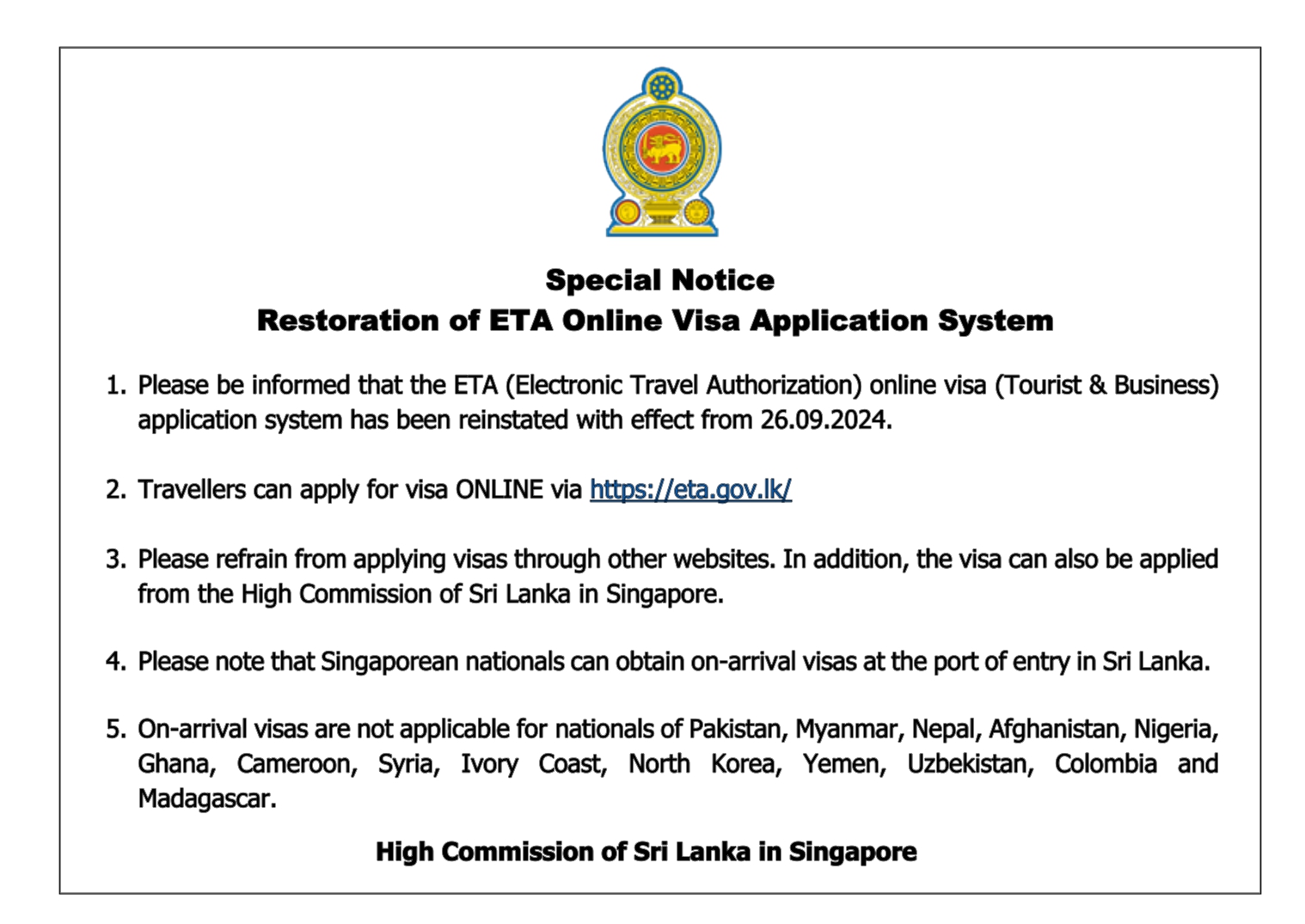 Special Notice – Restoration of ETA Online Visa Application System 